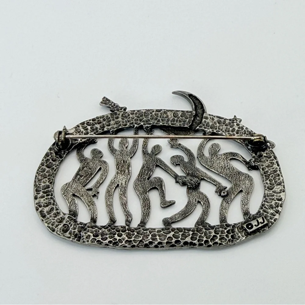 JJ Jonette Jewelry Co Pewter Style Tribal Dancers Saturn Moon Star Pin Vintage